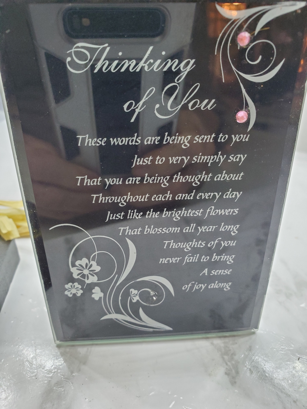 Thinking of You Decorative Glass Plaque - Black with Pink Accents